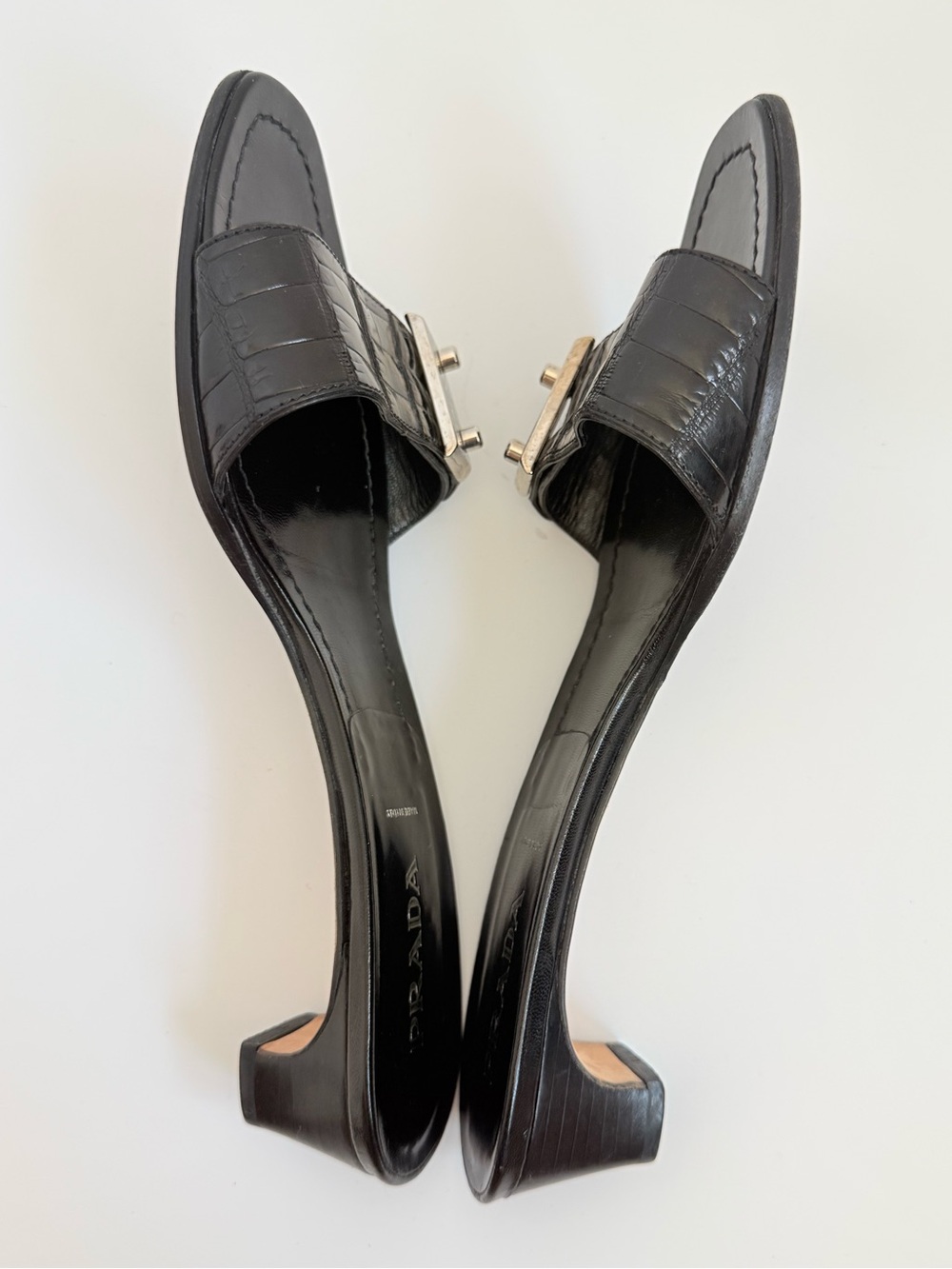 Prada Vintage Y2K Croc Embossed Leather Mule Black Logo Plaque Heels EU 38.5 - Picture 6 of 11